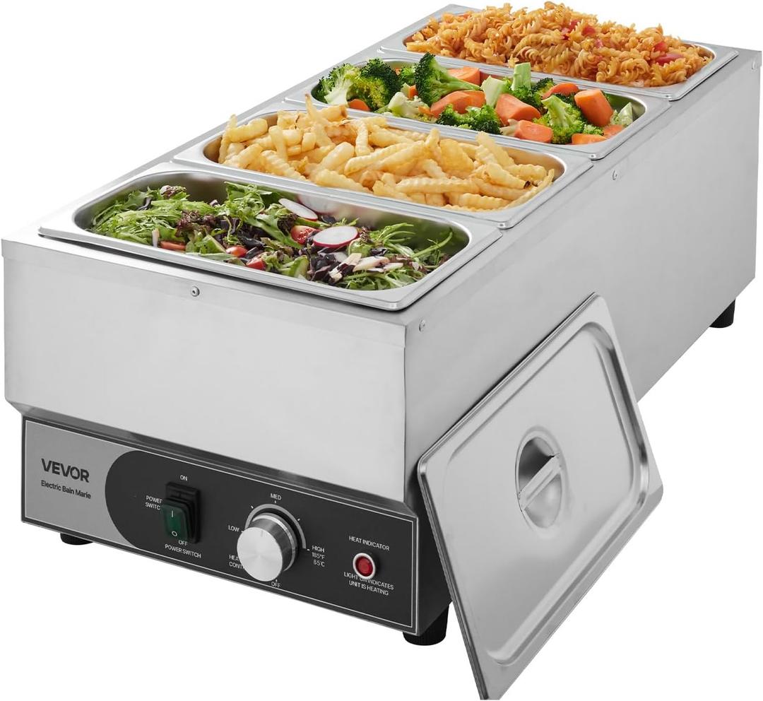 VEVOR Commercial Food Warmer, 1500W Electric Stainless Steel Steam Food Warmer, Fast Heating Countertop Buffet Bain Marie with Four 1/3 Size Food Pans, for Catering, Restaurants, Parties & Buffets