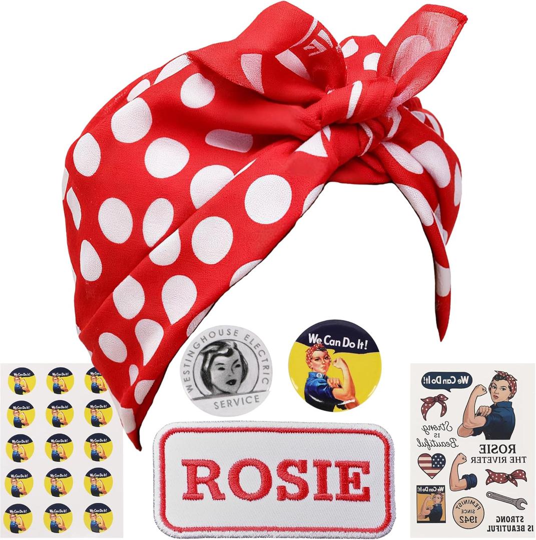 Rosie The Riveter Costume Kit, Bandana, Name Patch, Pin Badges, Stickers, and Tattoos 1940s Woman Historically Accurate Dress-Up Accessories