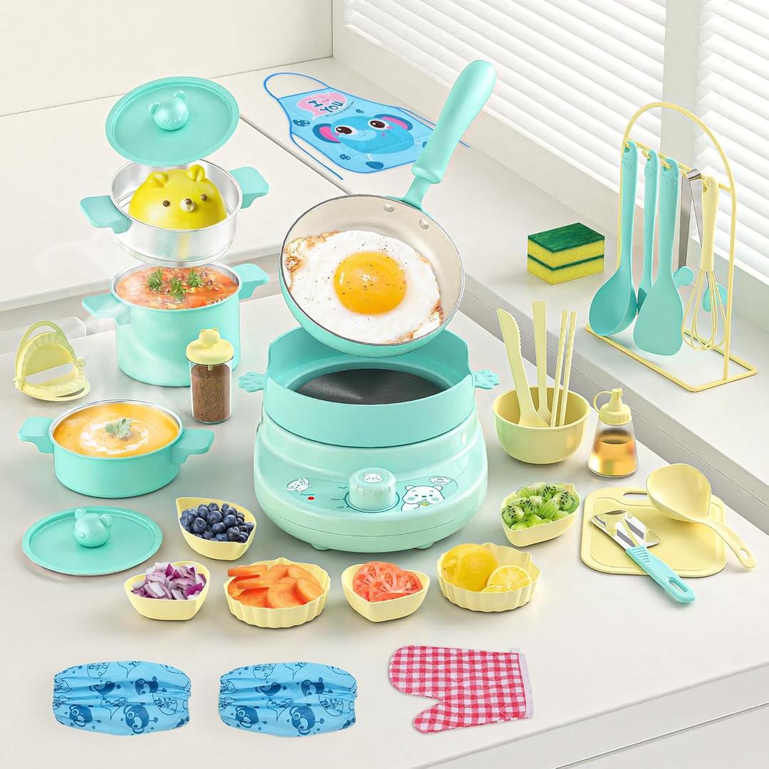 Kids Cooking Sets Real- Safe Mini Kitchen Set with Kids Knife Set for Real Food Making, Toddler Montessori Kitchen Playset for Girls Boys (Green)