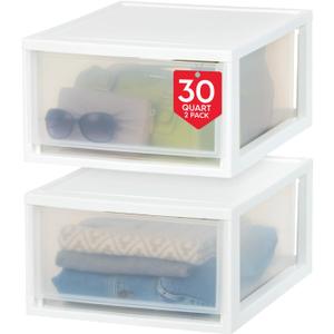 IRIS USA 30 Qt. Plastic Drawer Storage Organizer Stacking Drawers, 2-Pack, Stackable Unit with Sliding Drawer for Clothes Bedroom Kitchen Under Sink Pantry Craft Room Bathroom Dorm Office, White
