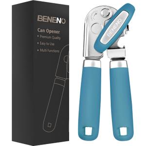 Beneno Heavy Duty Hand Can Opener Manual with Magnet, Durable Sharp Carbon Steel Blade Smooth Cutting, Big Effort-Saving Knob & Soft Grip Handle, Multifunctional Kitchen Tool with Bottle Opener, Aqua (Blue)