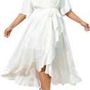 SCOMCHIC Women Plus Size Maxi Dress Short Sleeve Wrap V Neck High Low Split Ruffle Long Dress (White)