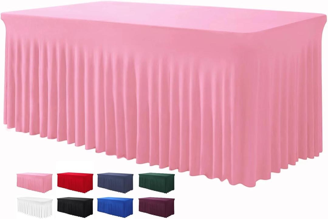 BDDC Table Skirt for 4 Foot Tables - One-Piece Pink Tablecloths and Skirt, Wrinkle Resistant Ruffles Elastic Cover for Banquets, Weddings, Events, Parties