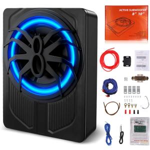 10" 1200W Slim Under Seat Powered Car Subwoofer with Color LED Ambient Light, All-in-One Subwoofer and Amplifier Package for Car Truck SUV Audio System