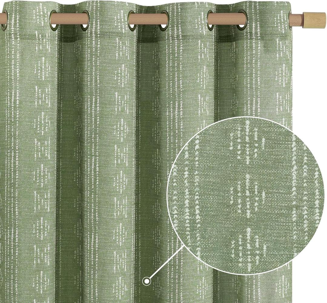 jinchan Boho Curtains for Living Room Farmhouse Sage Green Curtains 63 Inch Length for Bedroom Semi Sheer Drapes Geometric Striped Printed Light Filtering Grommet Curtains 2 Panels Set