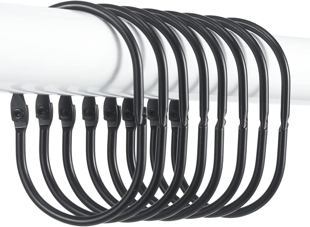 Goowin Shower Curtain Rings, 12 Pcs Shower Curtain Hooks, Oval Snap Shower Rings for Curtain, Metal Black Shower Curtain Rings Rust Proof, Glide Smoothly Shower Hooks for Shower Curtain Rod (Black)