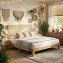 IDEALHOUSE Rattan Bed Frame King Size with Natural Rattan Headboard & LED Lights, Wood King Bed Frame with Solid Wood Foundation, No Box Spring Needed, Natural