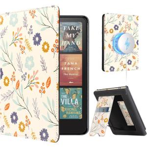CoBak Stand Case for 7" Kindle Paperwhite 12th Gen 2024 and Kindle Colorsoft with Hand Strap - Compatible with iPhone MagSafe, for Samsung/Belkin/Anker Wireless Charging Pads, Durable, Auto Sleep Wake (Flowers)
