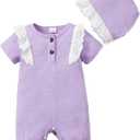 SUNNY PIGGY Baby Girl Clothes Infant Sleeveless Jumpsuit One Piece Romper Newborn Overalls Outfits Bodysuit with Hat (6-12 Months, Purple-lace)