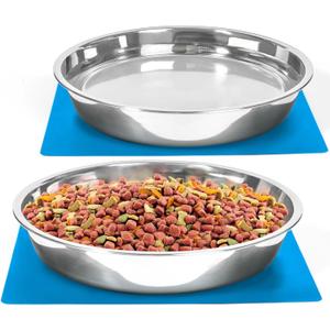 Shallow Dog Food Bowls, Non Slip Food Grade Stainless Steel Bowls for Large Dogs - Interior Size (Dia:10.6" xHeight 2.0") Hold 8 Cups / 2 Quart (2 Packs)