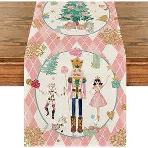 Artoid Mode Pink Diamond Plaid Nutcracker Snowflake Christmas Table Runner, Seasonal Winter Kitchen Dining Table Decoration for Home Party Decor 13x36 Inch