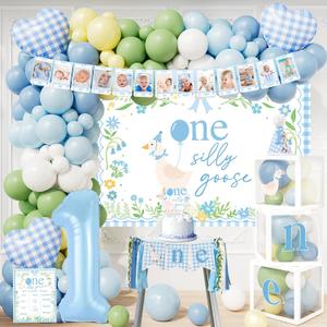 One Silly Goose Birthday Decorations, Blue Silly Goose First Birthday for Boys, Goose 1st Highchair Banner Balloon Garland Box Monthly Photo Cake Topper Hat Poster for Boys Funny Party Supplies