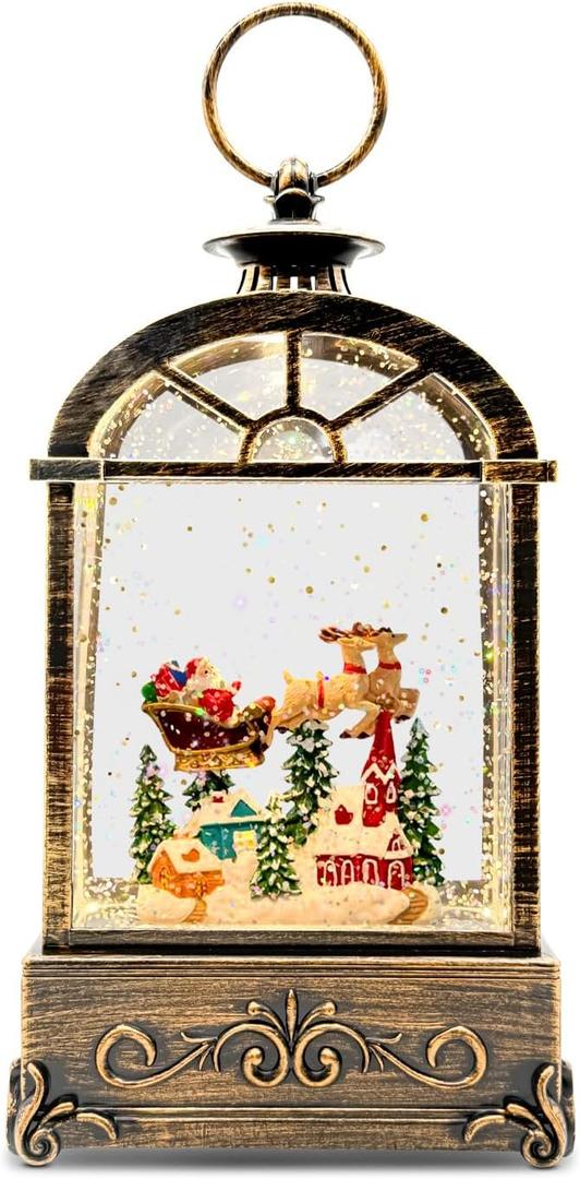 Christmas Snow Globe Lantern, Vintage Window-Style Water Lantern with Music, Glitter Swirl & 6H Timer, Santa Sleigh Scene, USB or Battery Powered Holiday Dcor