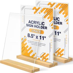8.5 x 11 Acrylic Sign Holder with Wood Base - Tabletop Display Menu Stand - Clear Plastic L/T Shape Vertical or Slant Back Paper Holders - 3 Pack