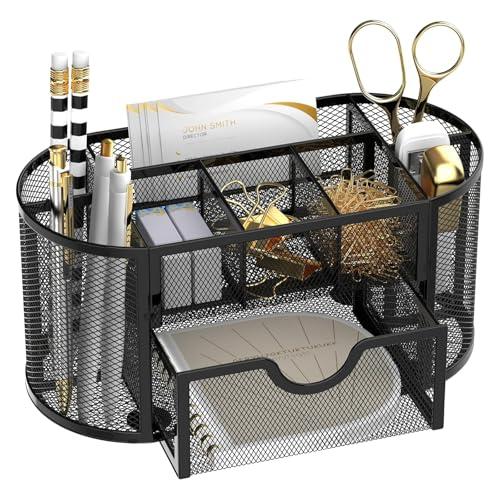 SUPEASY Mesh Desk Organizer, Desk Accessories & Workspace Organizers with Drawers, Pencil Holder for Desk with 9 Compartments for Office Supplies, School, Classroom, 8.6 x 4.3 x 4.1 Inch, Black