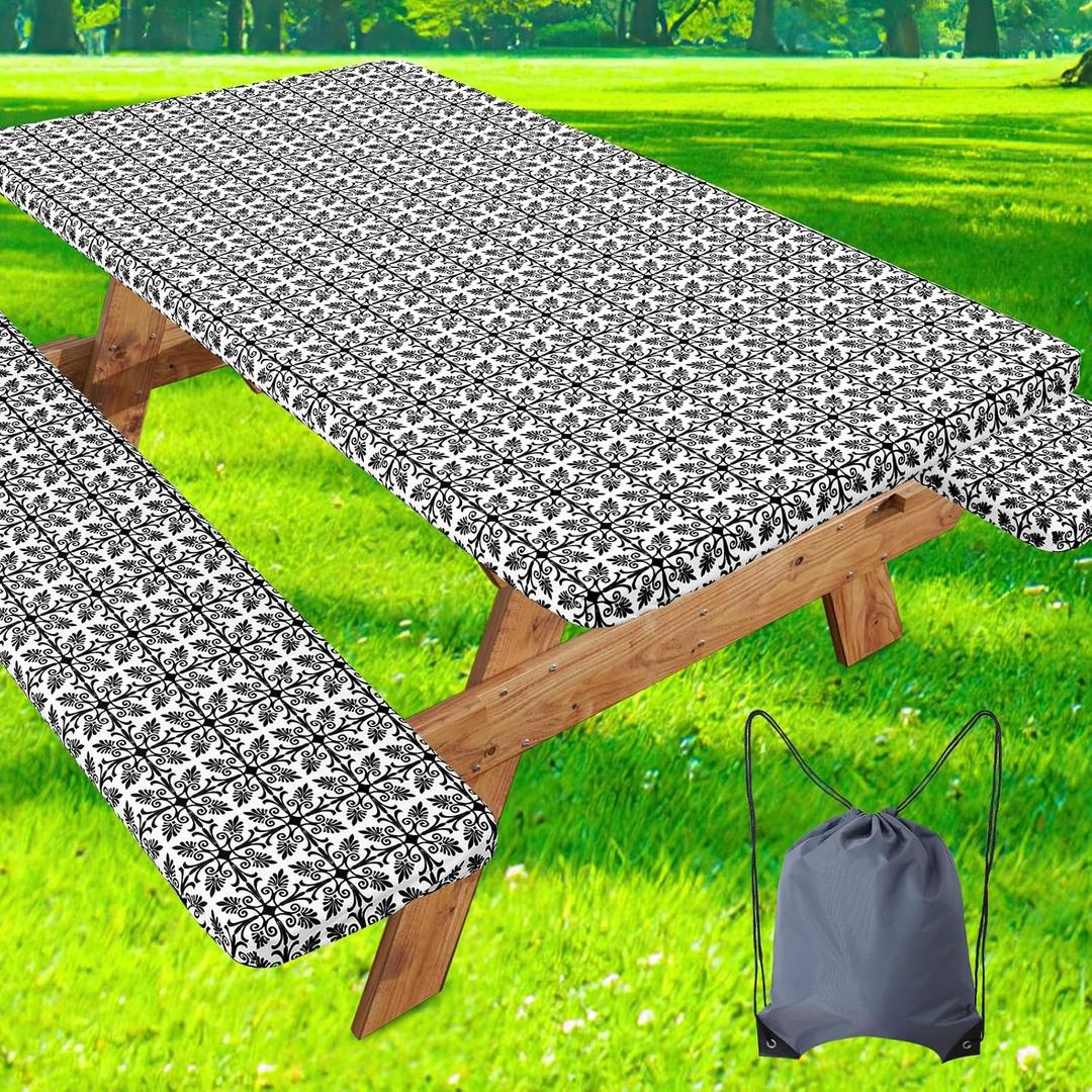 misaya Picnic Table Cover with Bench Cover, Waterproof Elastic Fitted Tablecloth for 8 Foot Tables, Rectangle Washable Polyester Tablecloths for Picnic, Camping, Outdoor (Black, 30" x 96") (Black and White)