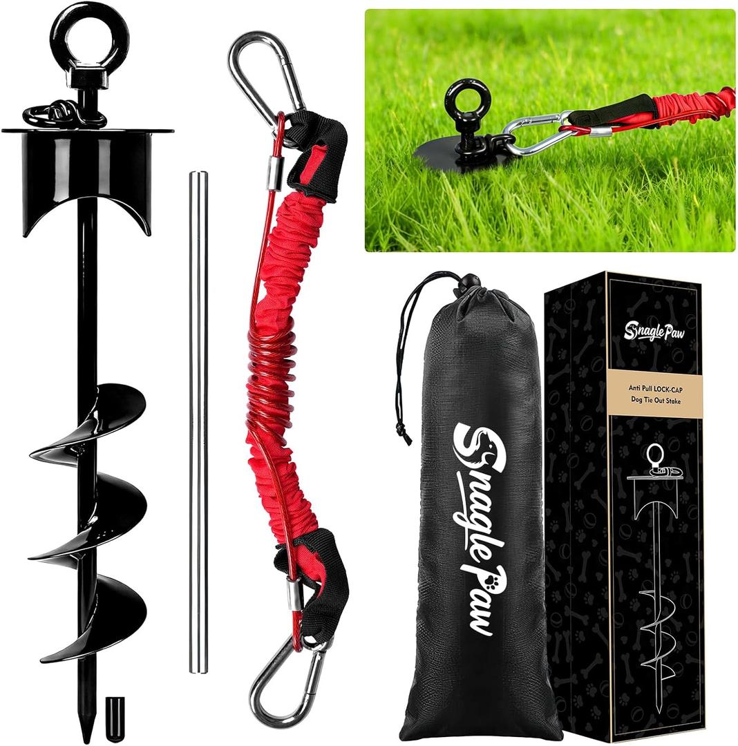 Snagle Paw Dog Tie Out Stake with Lock-Cap,Heavy Duty Dog Stakes for Outside/Yard/Camping with Shock Absorbing Bungee Tether,360Swivel Rust Proof Ground Anchor for Dog Cable,Leash,Chain,up to 360 Lbs