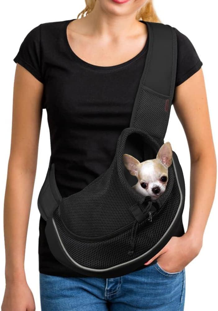 YUDODO Pet Sling Carrier for Small Dogs & Cats  Hands-Free Puppy Carrier with Safety Hook, Large Zipper Pocket, Soft Breathable Mesh, Adjustable Strap & Reflective Strip (Black 2.0 S)