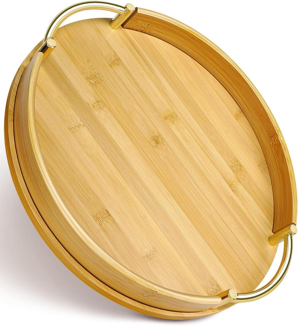 JUPELI 14 Round Bamboo Serving Tray with Handles  Decorative Tray, Breakfast Tray, Coffee Table Tray, Ottoman Tray, Kitchen Platter for Drinks, Snacks, Vanity, Home Decor & Gifts