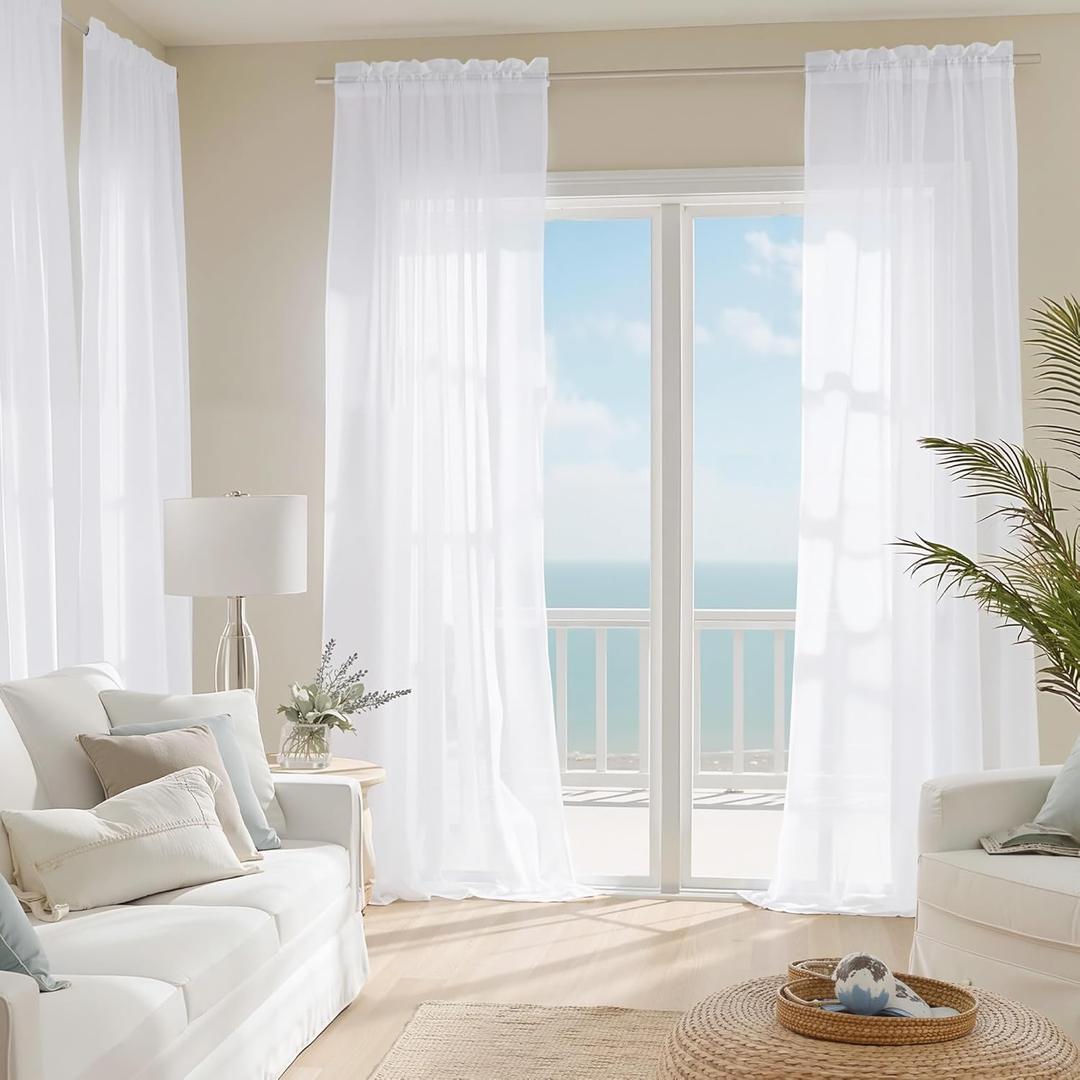 NICETOWN White Sheer Curtains 102 inches Long 4 Panels, 42 inch Wide Rod Pocket Light Filtering Drapes Translucent Modern Voile Airy & Breathable Window Treatment for Living Room