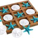 Chunful Beach House Decor Wooden Tic Tac Toe Game with Resin Seashell and Starfish Multilayer Tic Tac Toe Board Fun for Family Travel Beach Game 7.87 x 7.87 x 0.47 Inch (Wood Color)