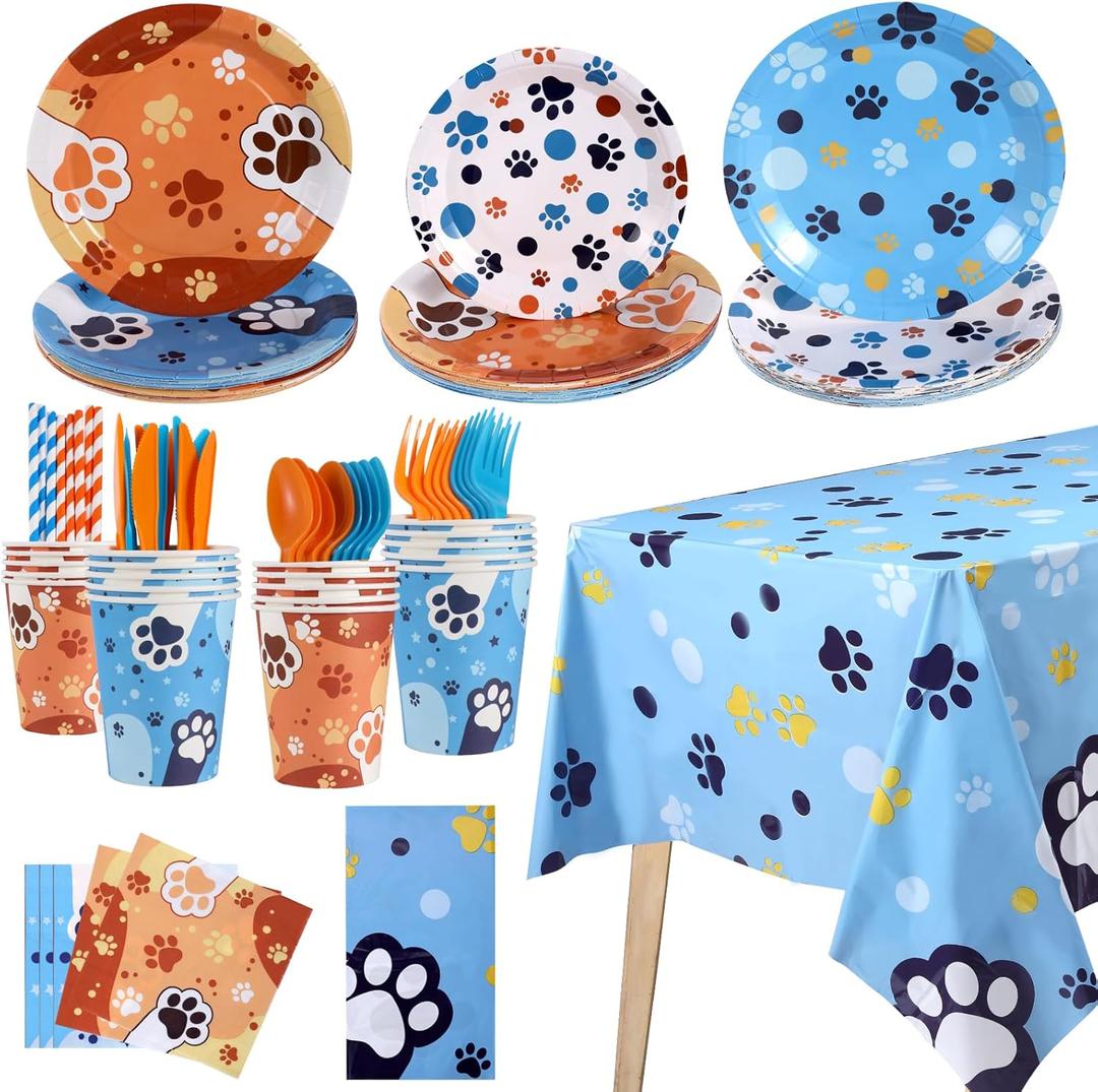 Cute Blue Dog Birthday Party Supplies Serves 20 Guests, 161CT Blue&Orange Dog Paw Print Party Dinnerware Dcorations, Pretty Puppy Plate, Tablecloth, Napkin, Cup for Birthday, KidsParty, Baby Shower