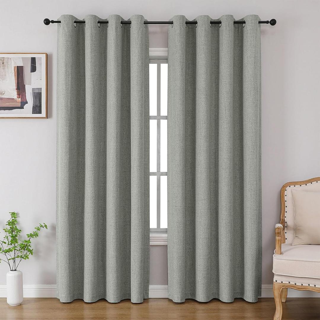 CUCRAF 100% Blackout Curtains 72 inches Length 2 Panels Set, Room Darkening Linen Textured Curtain Grommet for Bedroom Living Room, Light Blocking Thermal Insulated Drapes (52 x 72 Inch,Grey Green)