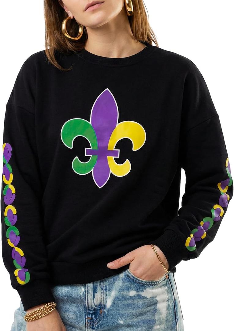 Mardi Gras Sweatshirt for Women Carnival Outfit Crewneck Pullover Party Long Sleeve Tee Daily Wear (Small)