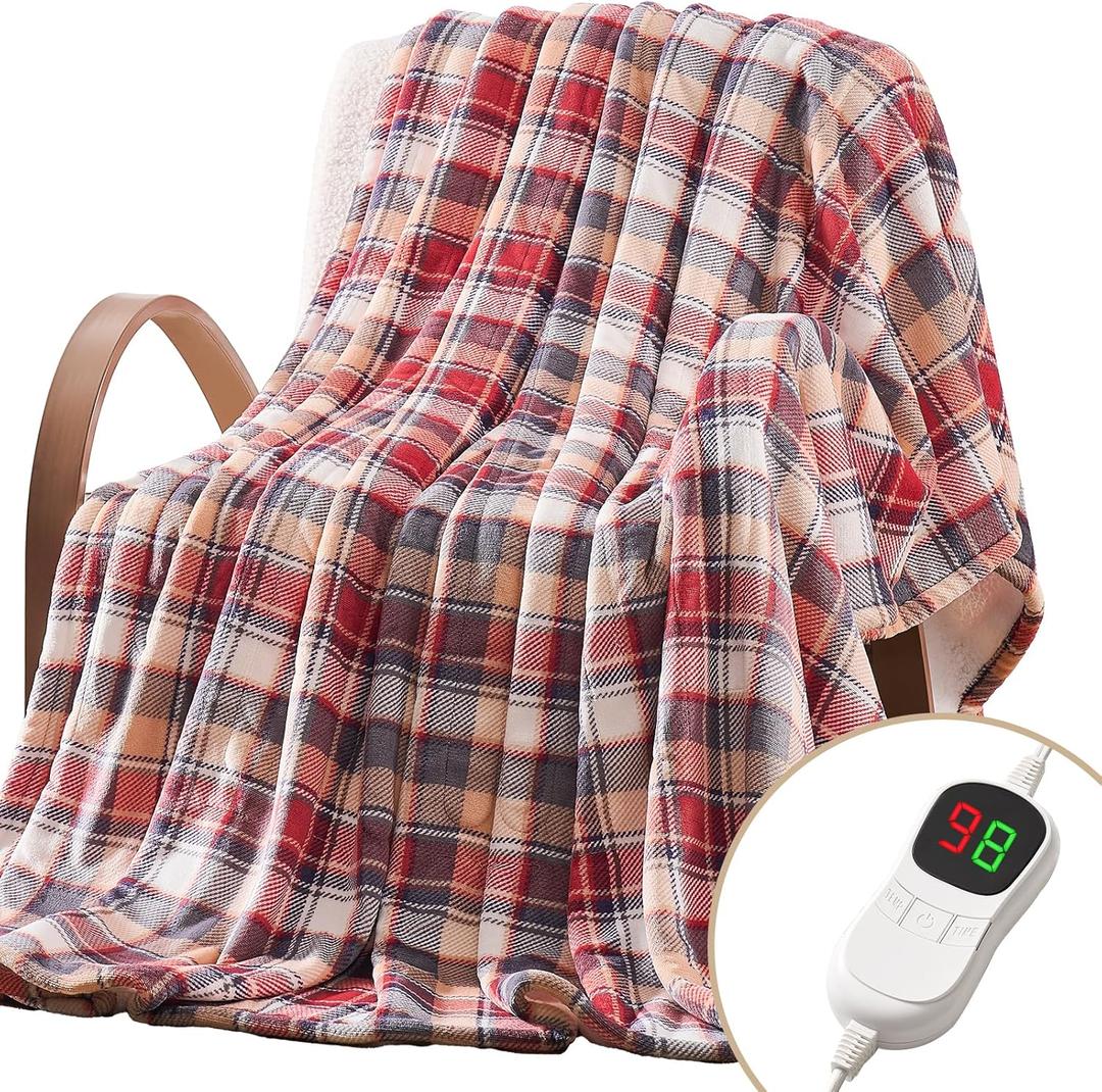 Homemate Electric Blanket Heated Throw - 50x60 Ultra Soft Cozy Flannel Heating Blanket with 10 Fast Heat Levels 8 Hours Auto Off Over-Heated Protection ETL Certification Keep Warm in Home Office (Red-blue)