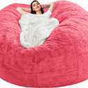 Bean Bag Chair Cover for Kids Adults(Cover Only,No Filler),Big Round Soft Fluffy PV Velvet Washable Lazy Sofa Bed Cover for Adults,Living Room Bedroom Furniture Outside Cover (Rose Red, 7FT)