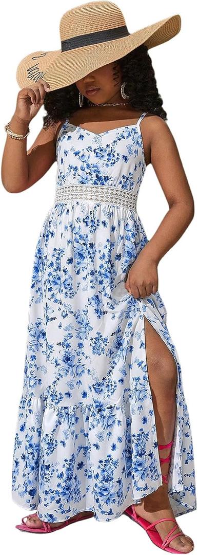 BEAUDRM Girl's Tropical Print Cami Dress Boho Tiered Spaghetti Strap Split Thigh Vacation Flowy Long Dresses (Blue, M)