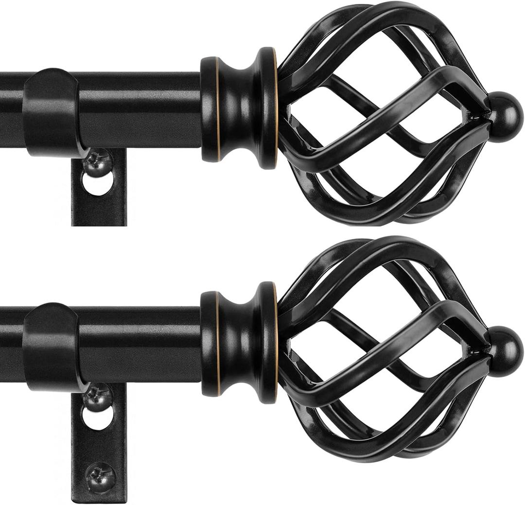 KAMANINA 2 Pack Curtain Rods 32 to 58 Inches (2.6-4.8ft), 3/4 Inch Black Curtain Rods for Windows Splicing Adjustable Single Drapery Rod with Twisted Cage Finial, for Indoor and Outdoor
