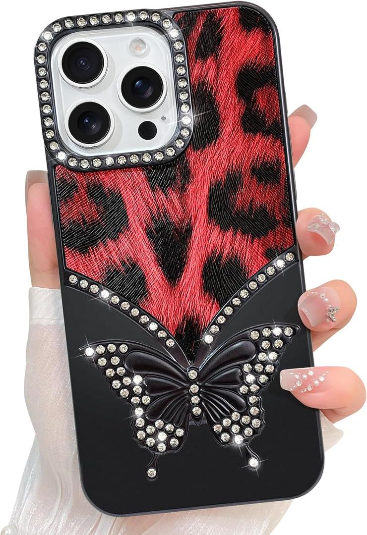 LSL Case for iPhone 15 Pro Sparkly Cute 3D Butterfly Leopard Pattern Design Glitter Diamond Camera Protection Soft Slim Cover for Women Girls Black