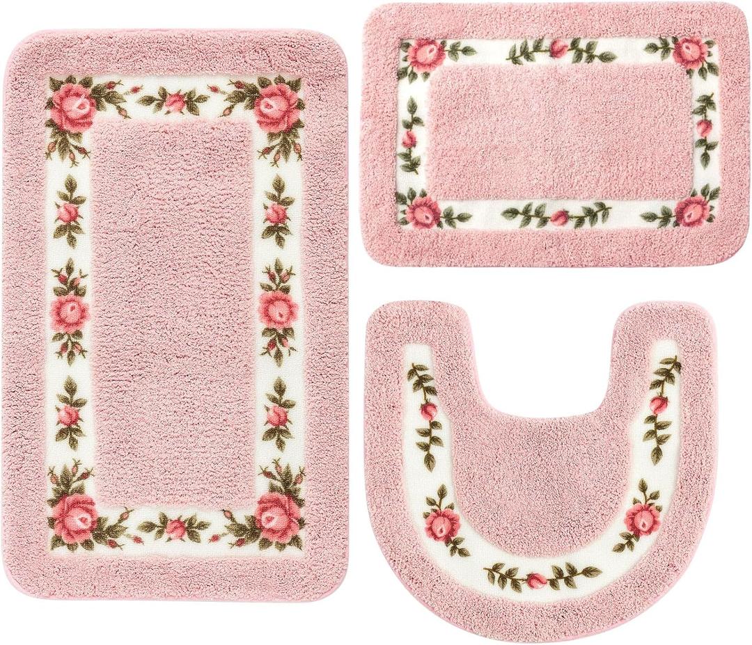 3 Pcs Rose Flowers Bathroom Rugs Set Coquette Room Decor Floral Rugs for Bathroom Bedroom Living Room, Floral Bath Mat Non Skid Romantic Rose Flower Area Rugs 3 Shapes(Pink)