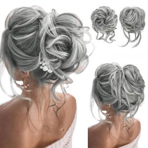SARLA 2PCS Grey Messy Bun Hair Pieces for Women Wavy Curly Synthetic Hairpieces for Updos with Tendrils Fake Scrunchies Ponytail Extension Dark Grey