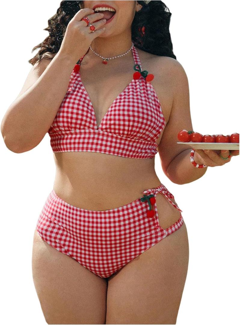 GORGLITTER Women's Plus Size Bikini Sets Checkered Triangle Halter Tummy Control Swimsuit Cute Y2K 2 Piece Bathing Suit, 4X-Large Plus, Red