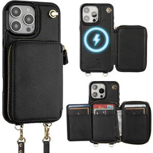 Bocasal for MagSafe Crossbody Wallet Case Compatible with iPhone 16 Pro Max, RFID Blocking Protective Purse Case with Card Slots Holder Kickstand Wrist Strap Lanyard Zipper 6.9 Inch 5G (Black)