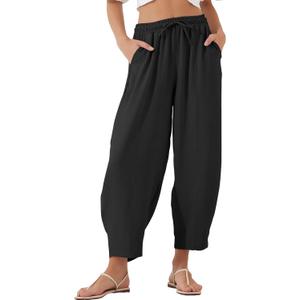 EVALESS Women's Summer High Waisted Baggy Pants Casual Ankle Length Trouser Slacks with Pockets (Large, Black)