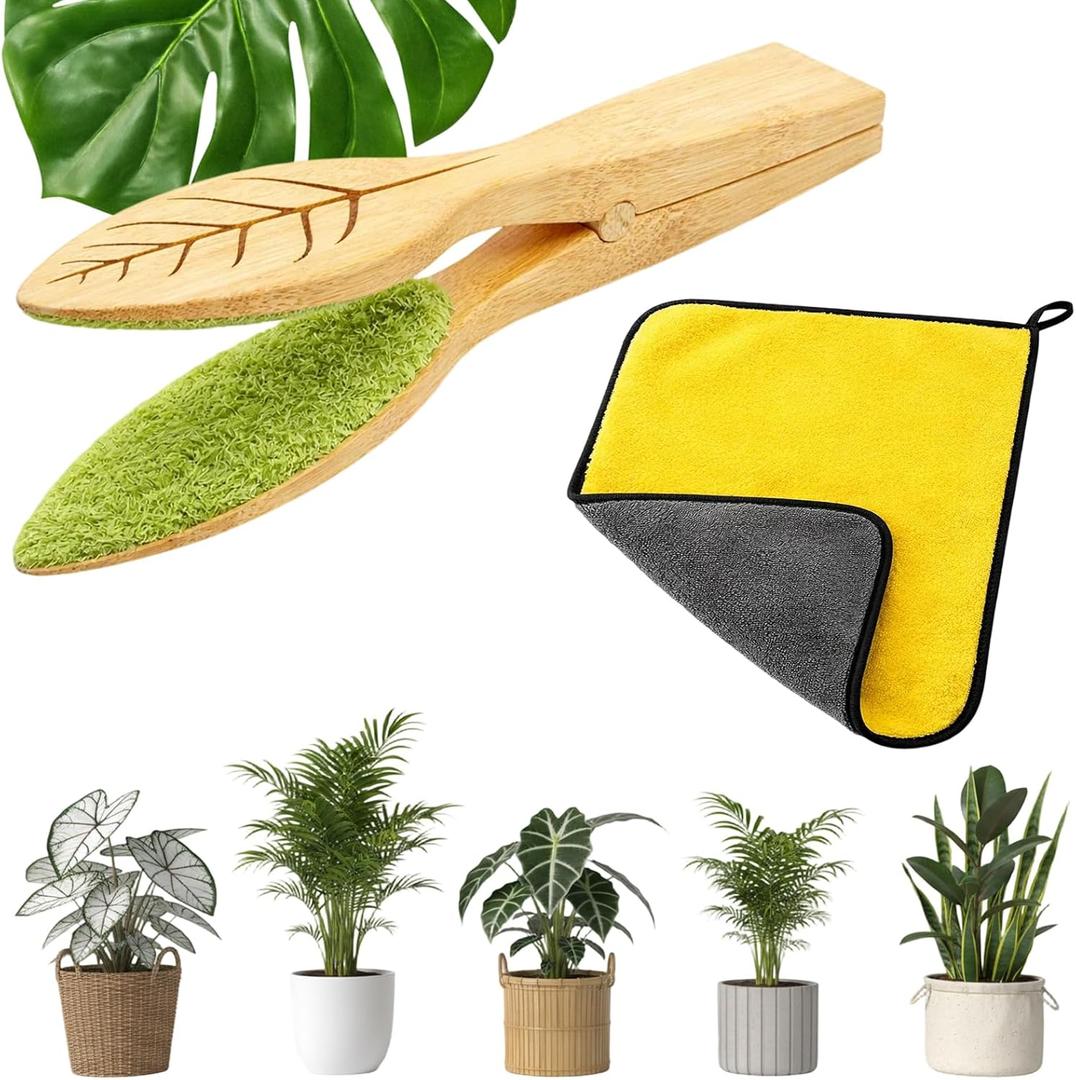 Leaf Cleaning Tongs, Plant Leaf Cleaner, Plant Duster and Leaf Cleaner for House Plants, Gentle Dust Removal Tool for Indoor Plants, 2-Piece Set with Cleaning Brush and Towel