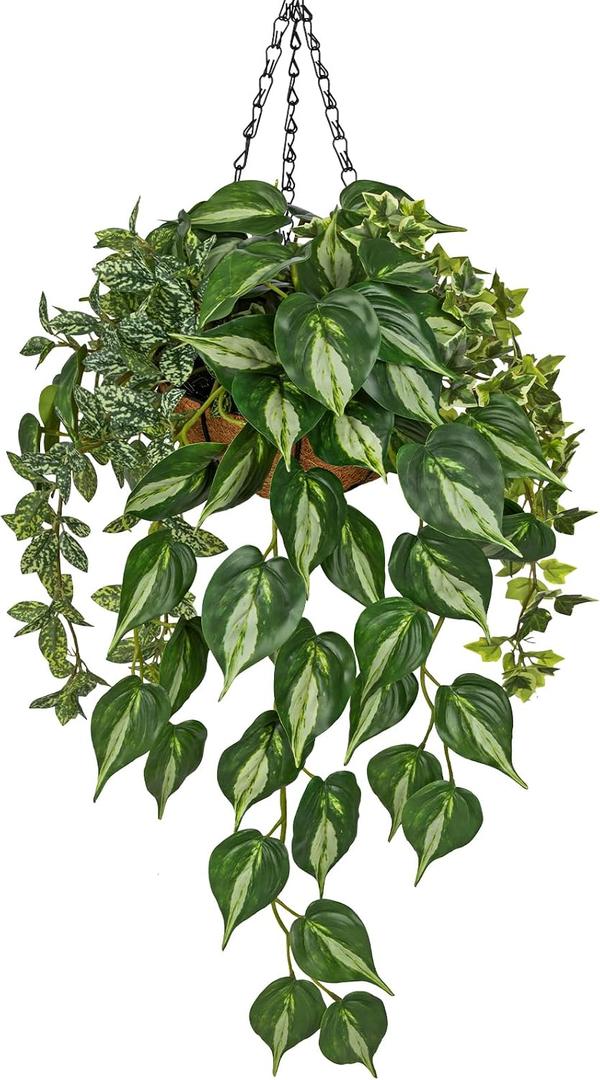 Fake Hanging Plant with Pot, Large Hanging Artificial Plants with Basket & Hanger Faux Greenery Plants Indoor Outdoor Decor Fake Pothos Plant in Pot for Wall Balcony Patio Office Bathroom Shelf