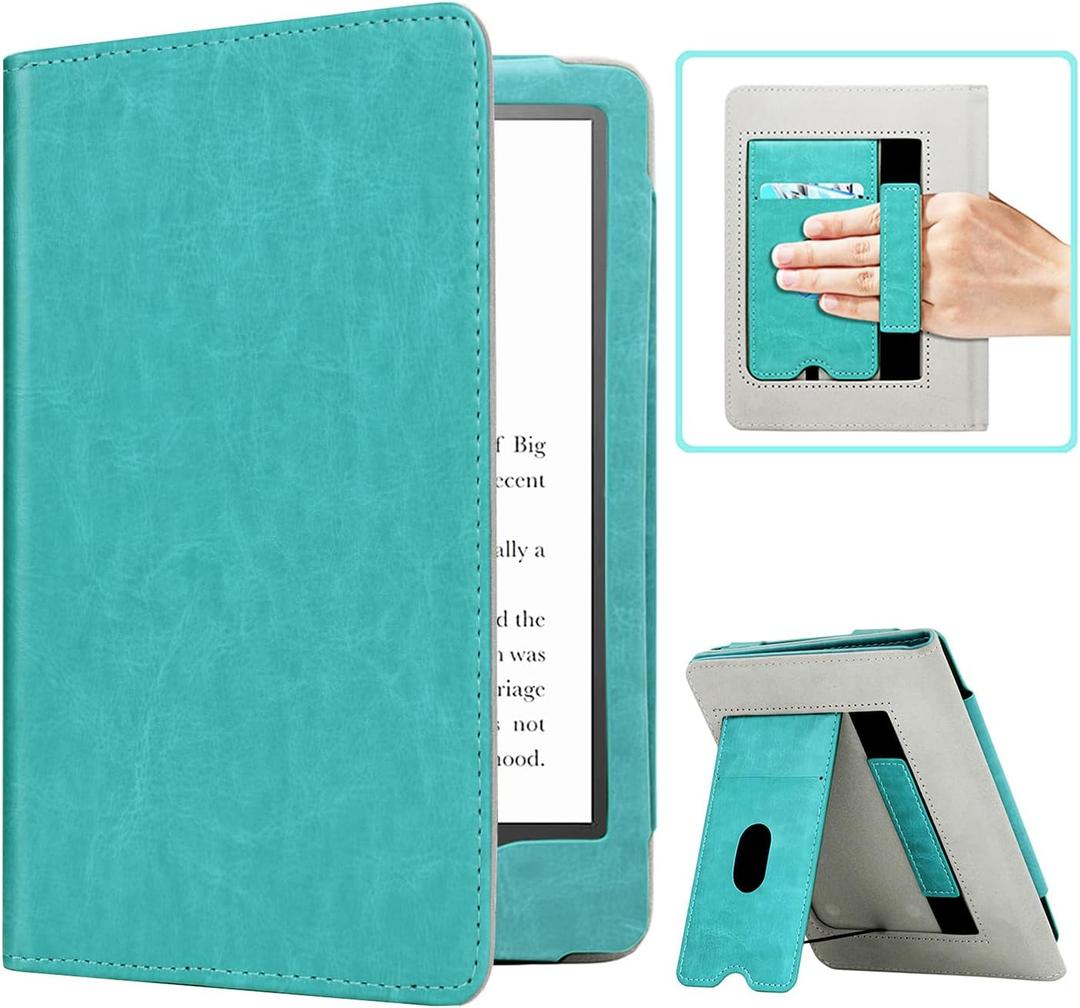 RSAquar Case for 6.8" Kindle Paperwhite (11th Generation-2021) and Kindle Paperwhite Signature Edition, Slim PU Leather Cover with Auto Sleep Wake, Hand Strap, Card Slot and Foldable Stand, Sky Blue