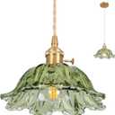 Glass Pendant Light Vintage Light Fixtures,Green Modern Chandelier Pendant,E26 Pendant Lights Kitchen Island,10.6 inch Hanging Lamp for Bedroom Hotel Dining Room 1 Light (Hardwired 1 pack)