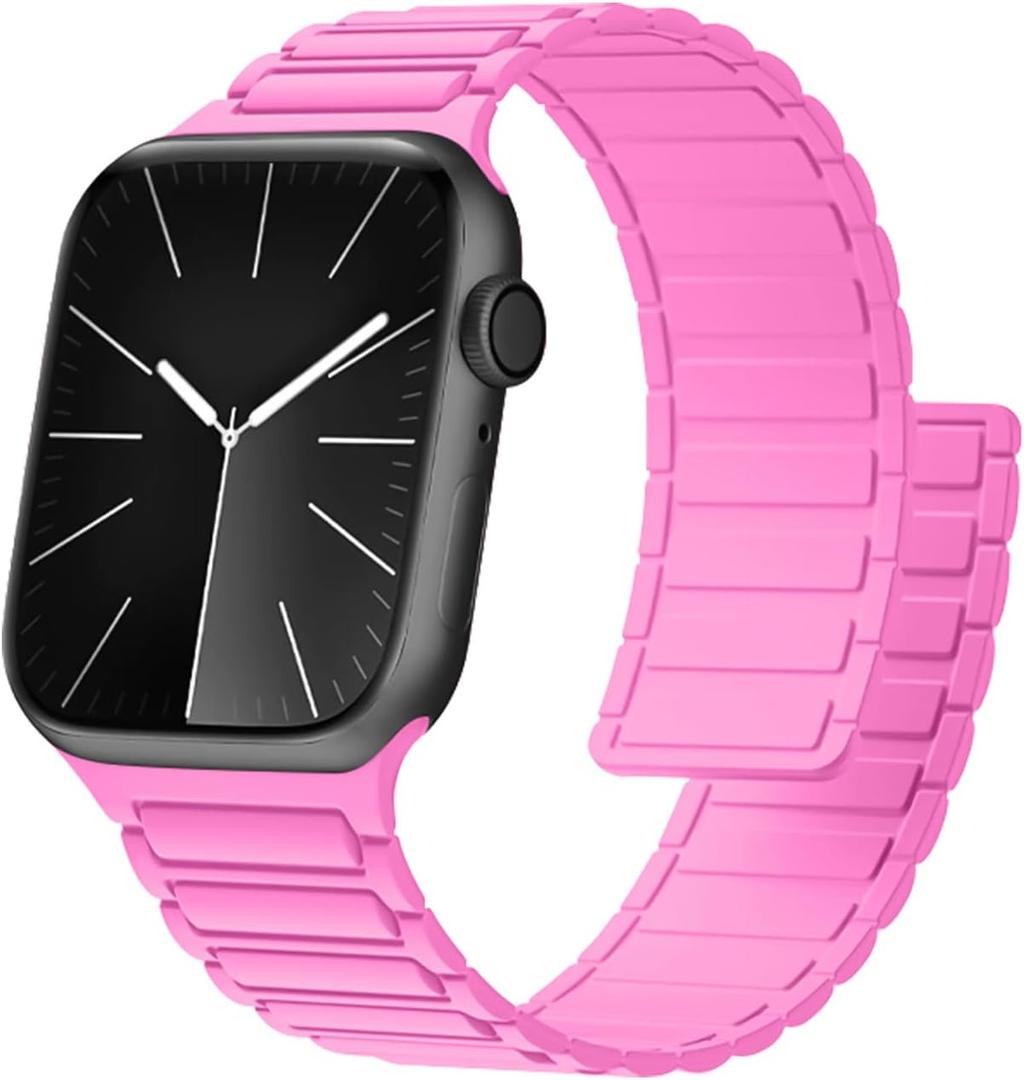Magnetic Silicone Watch Band Compatible with Apple Watch 44mm 45mm 49mm 46mm 42mm 41mm 40mm 38mm bands Women Men, Soft Sport Strap for iWatch Series11 10 9 8 7 6 5 4,ULTRA3 2,SE3 2 1 (fluorescent pink)