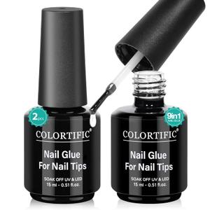 COLORTIFC 9 in 1 Nail Glue Base Coat Super Strong Brush in Gel Nail Glue 2 Pcs 15 ml for False Nails Tips, Rhinestone, Base Gel, Blooming Nail Art Gel Nail Kit for Acrylic Nails U V Lamp Needed