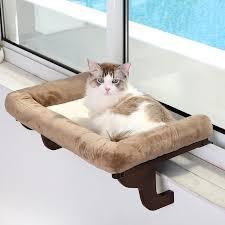 Zakkart Cat Perch for Window Sill with Bolster  Orthopedic Hammock Design with Premium Hardwood & Robust Metal Frame  Cat Window Seat for Large Cats and Kittens  Natural Color Wood Brown Bed, 24''W