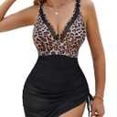 Edelqual Women One Piece Swimsuit Tummy Control Swim Dress Bathing Suit Mesh Sheer Slimming Sarong Wrap Sexy Swimswear (Large, Black With Leopard Print)