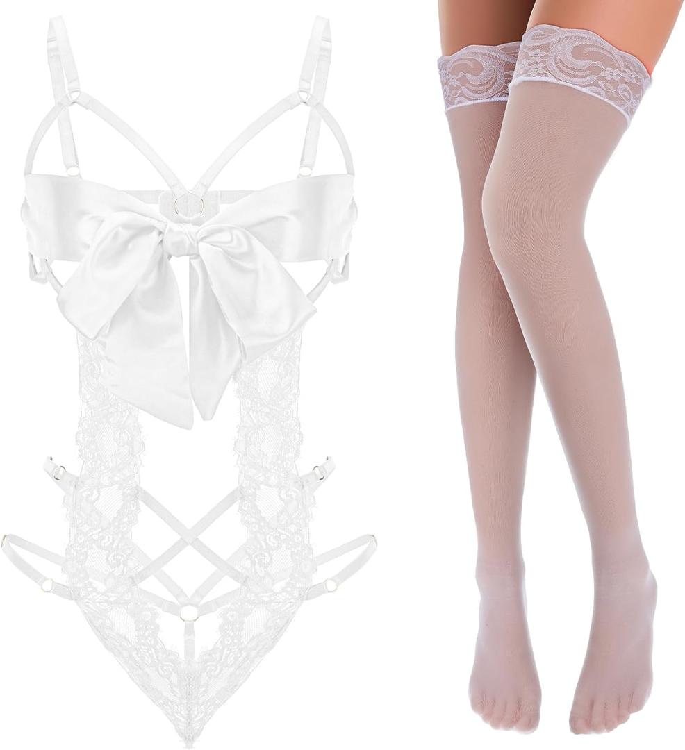 Women Sexy Lingerie Set Unwrap Me Bow Tie Lingerie with Lace Stockings Smooth Ribbon Lingerie for Valentines Outfit (White)