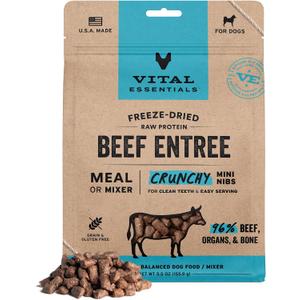 Vital Essentials Freeze Dried Dog Food, Beef Mini Nibs, 5.5 oz Bag | Crunchy, Complete Meal or Topper, Made With 96% Beef, Organs & Bone, High Protein Raw Nutrition, Grain-Free Recipe (EXP 02/26/28)