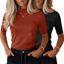 Ficerd 2 Pack Women's Mock Turtleneck T Shirts, Half Sleeve Business Casual Tunic Tops Slim Fit Summer Basic Dressy Tee Shirt