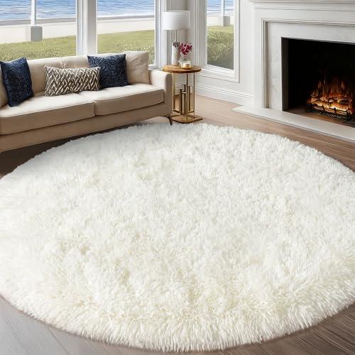 Round White Rug for Bedroom, 8 ft Circle Area Rugs for Living Room, Soft Large Fluffy Shag Carpet for Teen Girls Boys Nursery Room Dorm Home Decor Aesthetic